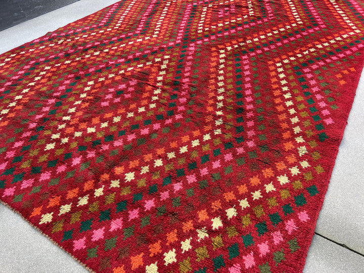 7x10 (215x305) Handmade Vintage Baluch Afghan Rug | Cherry Red Orange Pine Green Ivory Olive Green Rose Blush Pink Chocolate Geometric Wool