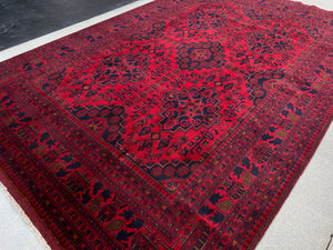 7x11 (210x322) Handmade Afghan Rug | Cherry Red Black Burnt Orange Crimson Red Cream Beige | Hand Knotted Floral Persian Wool