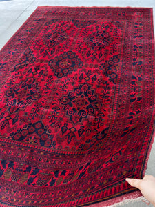 7x11 (210x322) Handmade Afghan Rug | Cherry Red Black Burnt Orange Crimson Red Cream Beige | Hand Knotted Floral Persian Wool