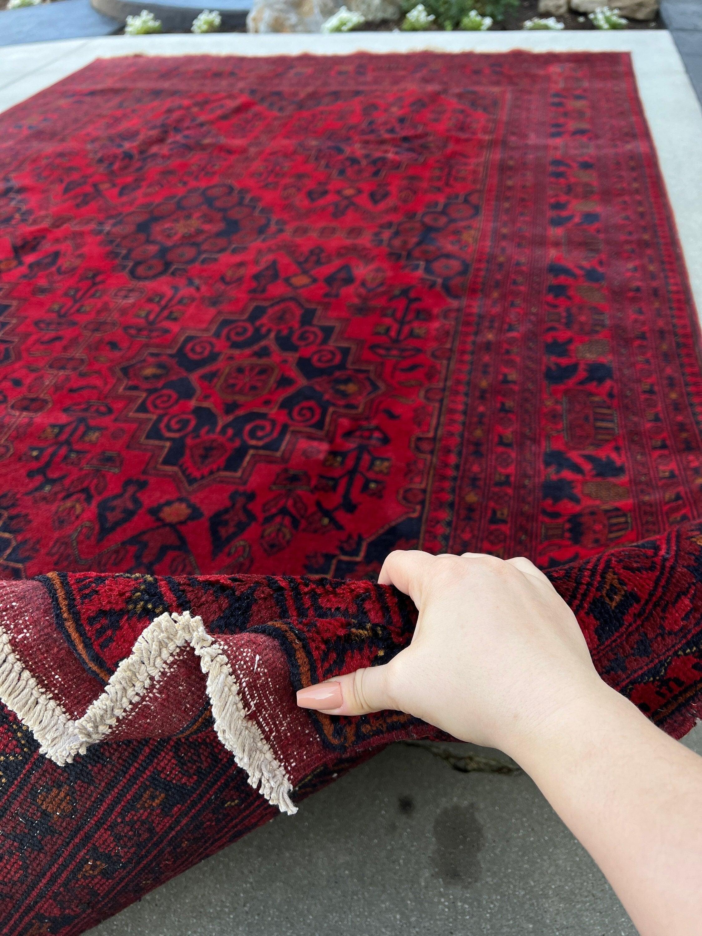 7x11 (210x322) Handmade Afghan Rug | Cherry Red Black Burnt Orange Crimson Red Cream Beige | Hand Knotted Floral Persian Wool