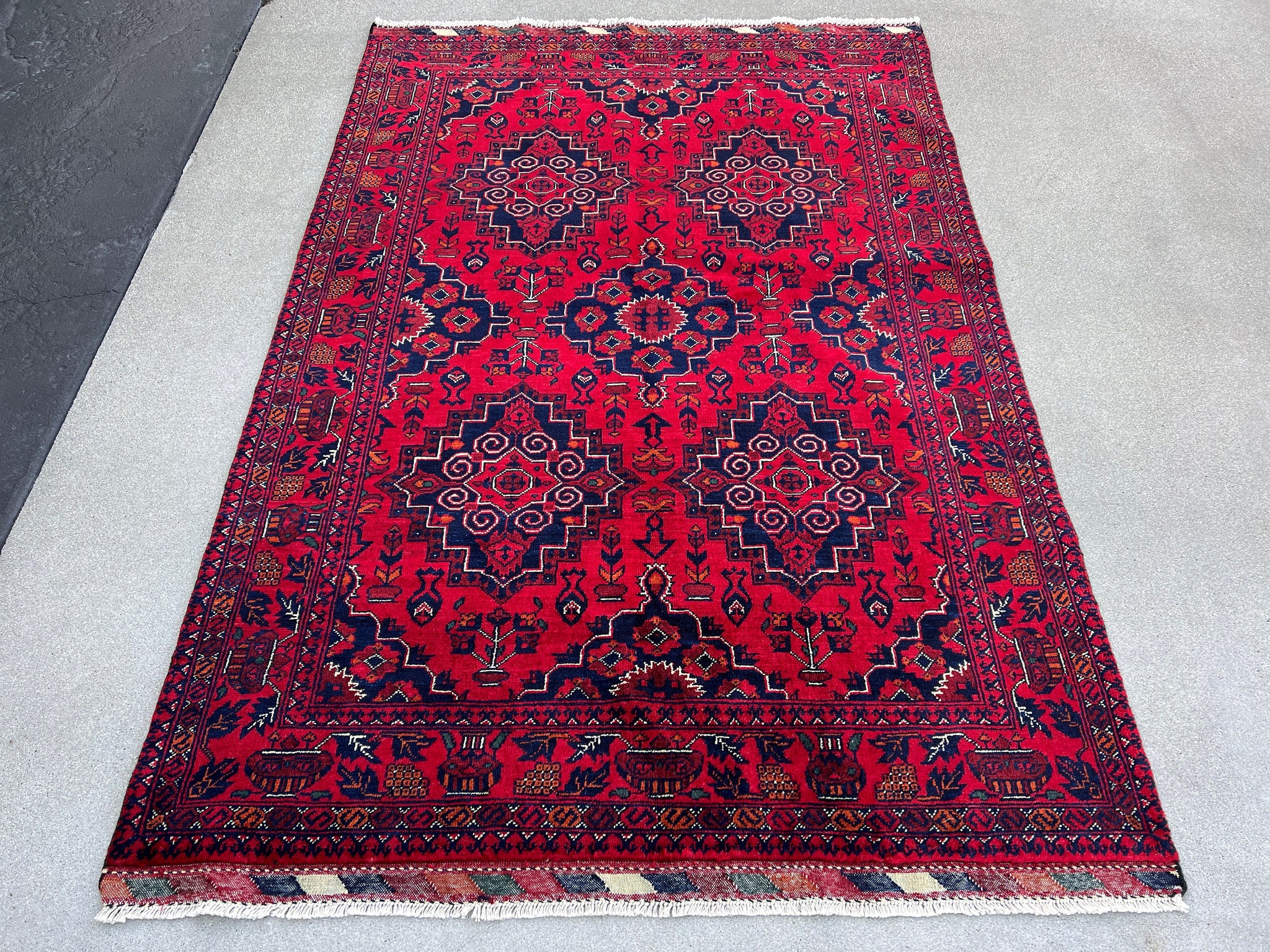 4x6 (120x185) Fair Trade Handmade Afghan Rug | Cherry Red Crimson Black Ivory Burnt Orange Charcoal Grey | Khal Mohammadi Wool Tribal Boho