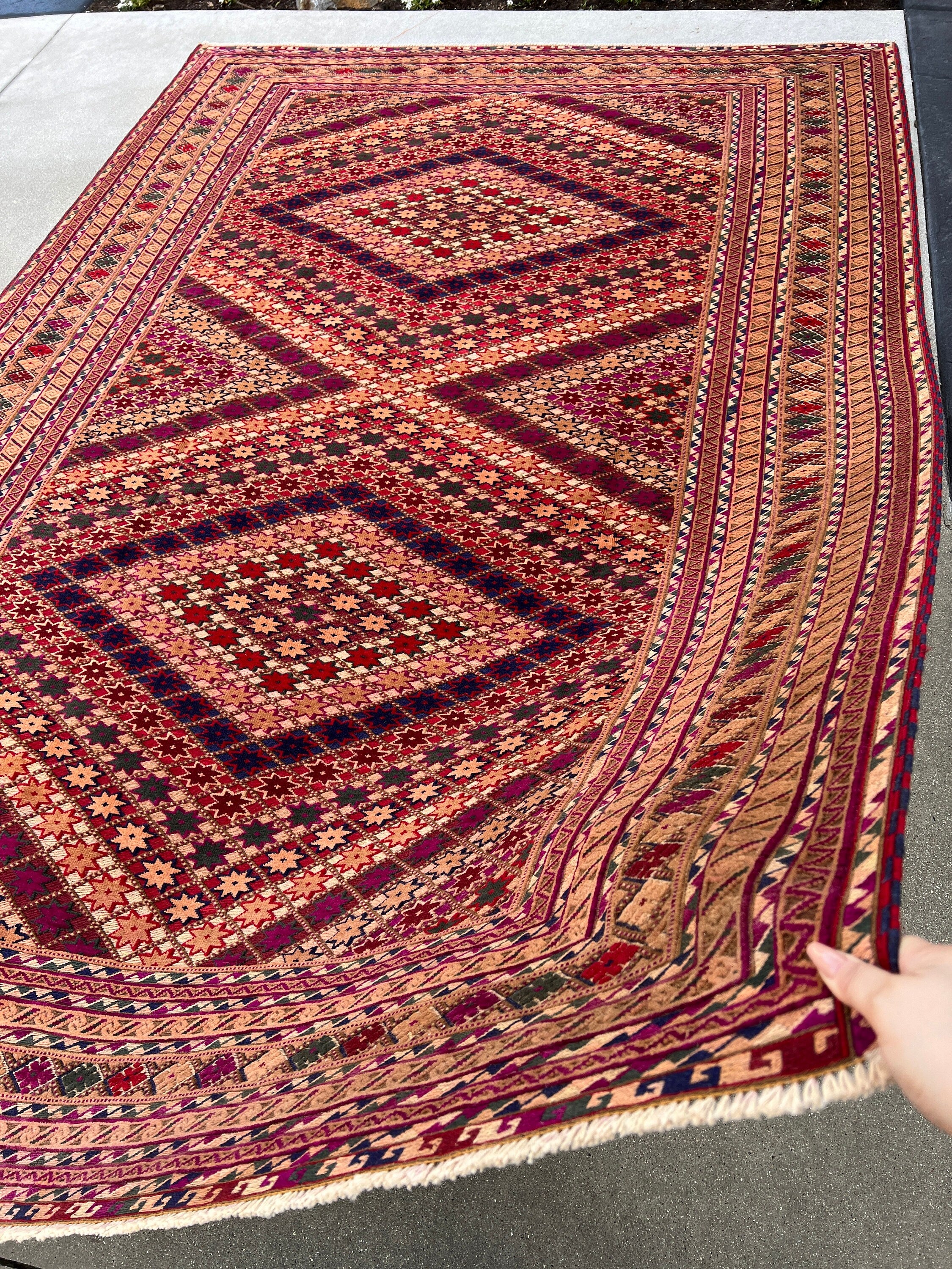 6x9 (180x275) Handmade Vintage Baluch Afghan Rug | Magenta Crimson Red Moss Green Cherry Red Caramel Midnight Blue Pine Green | Hand Knotted