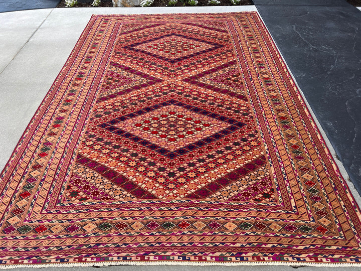 6x9 (180x275) Handmade Vintage Baluch Afghan Rug | Magenta Crimson Red Moss Green Cherry Red Caramel Midnight Blue Pine Green | Hand Knotted