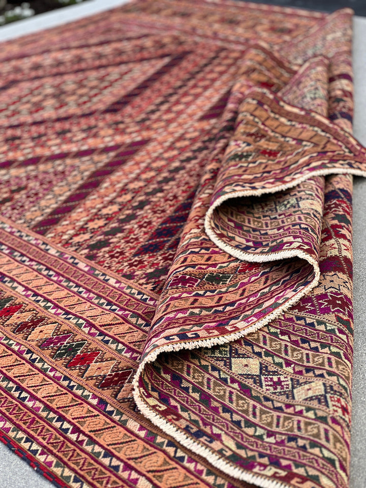 6x9 (180x275) Handmade Vintage Baluch Afghan Rug | Magenta Crimson Red Moss Green Cherry Red Caramel Midnight Blue Pine Green | Hand Knotted