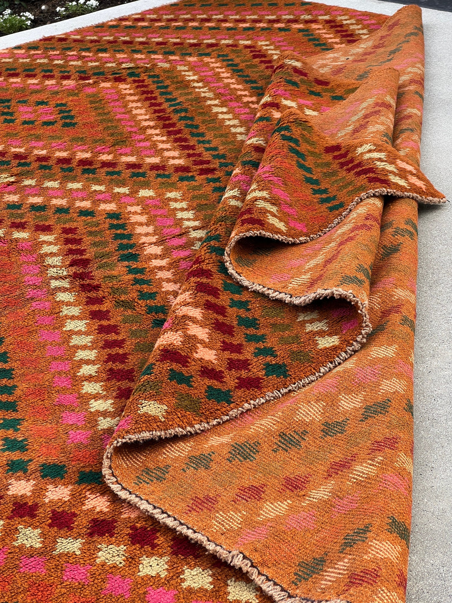 7x10 (215x305) Handmade Vintage Baluch Afghan Rug | Mustard Yellow Caramel Pine Green Mustard Yellow Rose Pink Mahogany Blush Pink Boho Wool