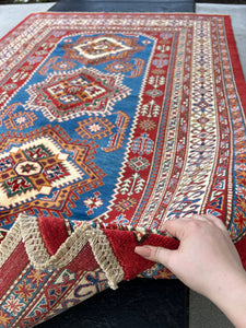 5x8 (150x245) Handmade Afghan Rug | Blood Crimson Red Denim Blue White Ivory Cream Beige Pine Green Orange Black Hand Knotted Geometric Wool