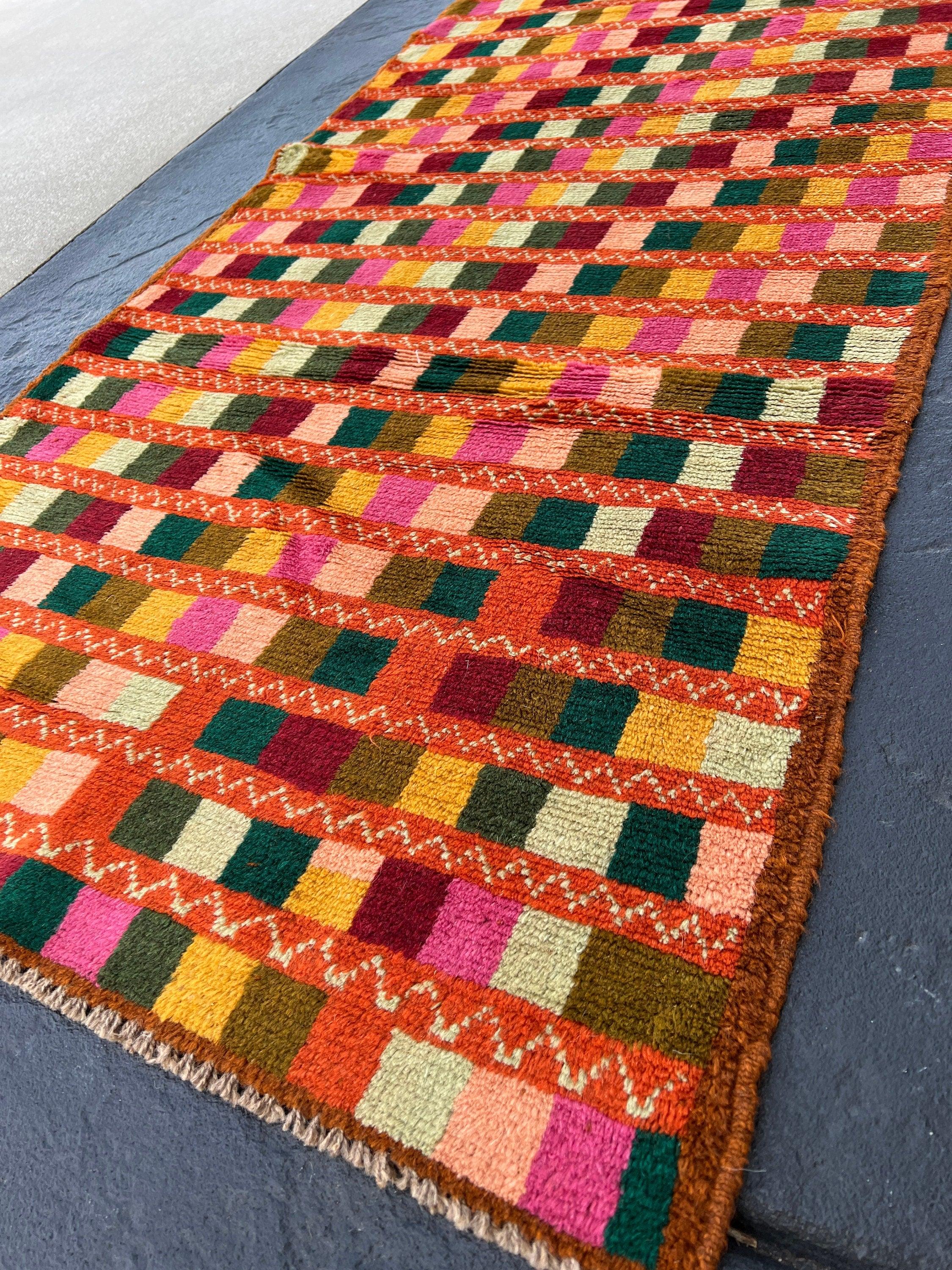 3x9 (90x275) Handmade Vintage Baluch Afghan Runner Rug | Burnt Orange Pine Green Blush Pink Crimson Red Moss Green Rose Pink Mustard Yellow