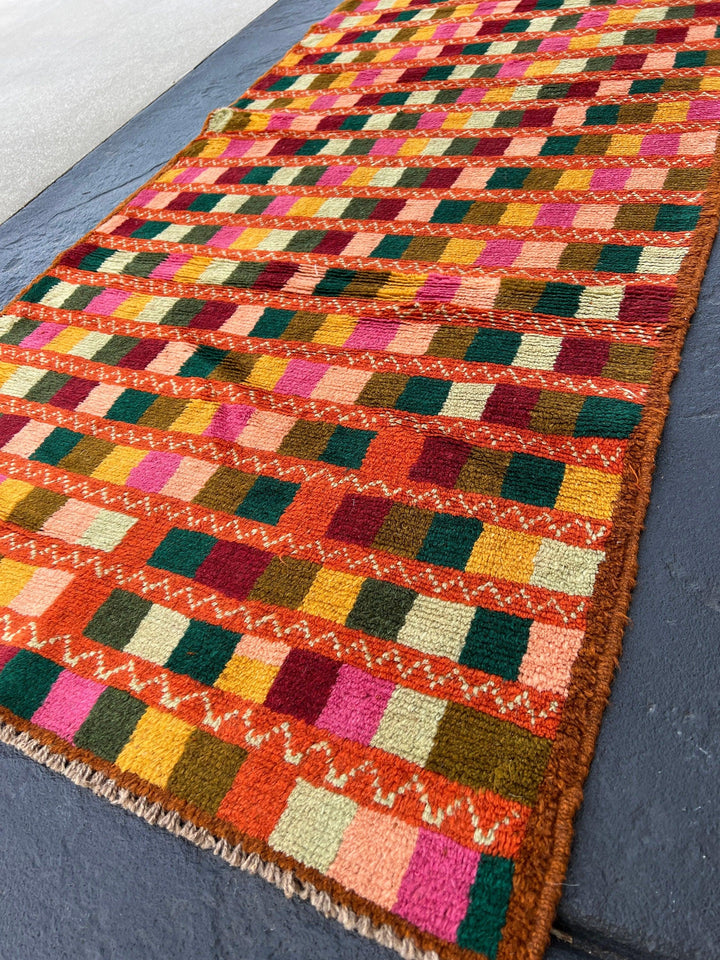 3x9 (90x275) Handmade Vintage Baluch Afghan Runner Rug | Burnt Orange Pine Green Blush Pink Crimson Red Moss Green Rose Pink Mustard Yellow