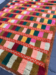 3x9 (90x275) Handmade Vintage Baluch Afghan Runner Rug | Burnt Orange Pine Green Blush Pink Crimson Red Moss Green Rose Pink Mustard Yellow