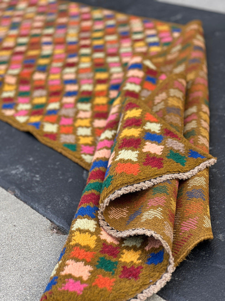 3x10 (90x305) Handmade Vintage Baluch Afghan Runner Rug | Copper Brown Blue Blush Pink Blood Red Burnt Orange Ivory Pine Green Taupe Pink