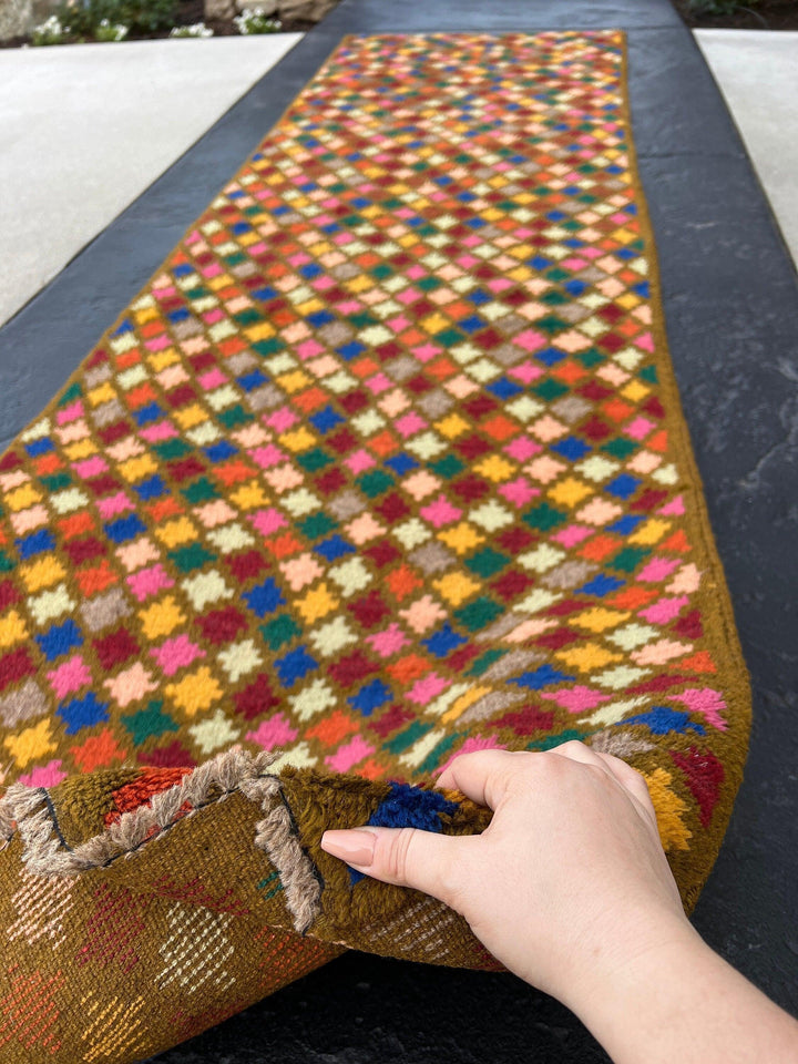 3x10 (90x305) Handmade Vintage Baluch Afghan Runner Rug | Copper Brown Blue Blush Pink Blood Red Burnt Orange Ivory Pine Green Taupe Pink