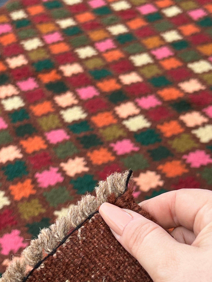 3x9 (90x275) Handmade Vintage Baluch Afghan Runner Rug Purple Mauve Auburn Chocolate Pine Blush Pink Burnt Orange Olive Moss Rose Pink Ivory