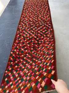 3x10 (90x305) Handmade Vintage Baluch Afghan Runner Rug | Umber Mauve Brown Blush Pink Pine Green Cream Beige Crimson Red Burnt Orange Wool