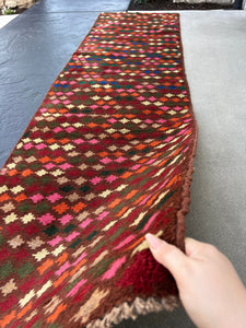 3x10 (90x305) Handmade Vintage Baluch Afghan Runner Rug | Umber Mauve Brown Blush Pink Pine Moss Green Cream Beige Crimson Red Burnt Orange