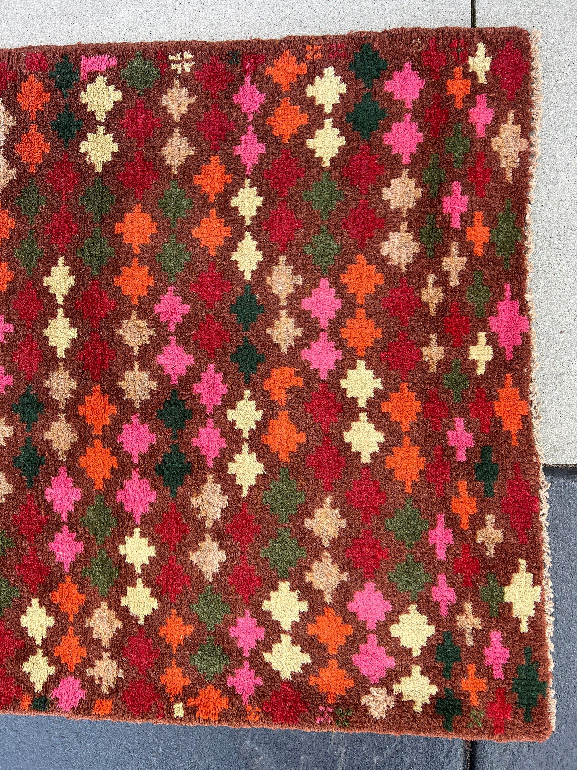 3x10 (90x305) Handmade Vintage Baluch Afghan Runner Rug | Umber Mauve Brown Blush Pink Pine Moss Green Cream Beige Crimson Red Burnt Orange