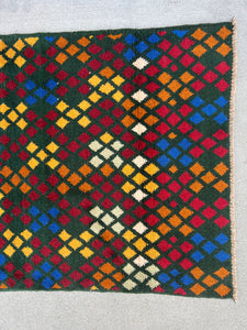 3x9 (90x275) Handmade Vintage Baluch Afghan Runner Rug | Pine Green Crimson Red Ivory Mustard Yellow Blue Burnt Orange | Hand Knotted Wool