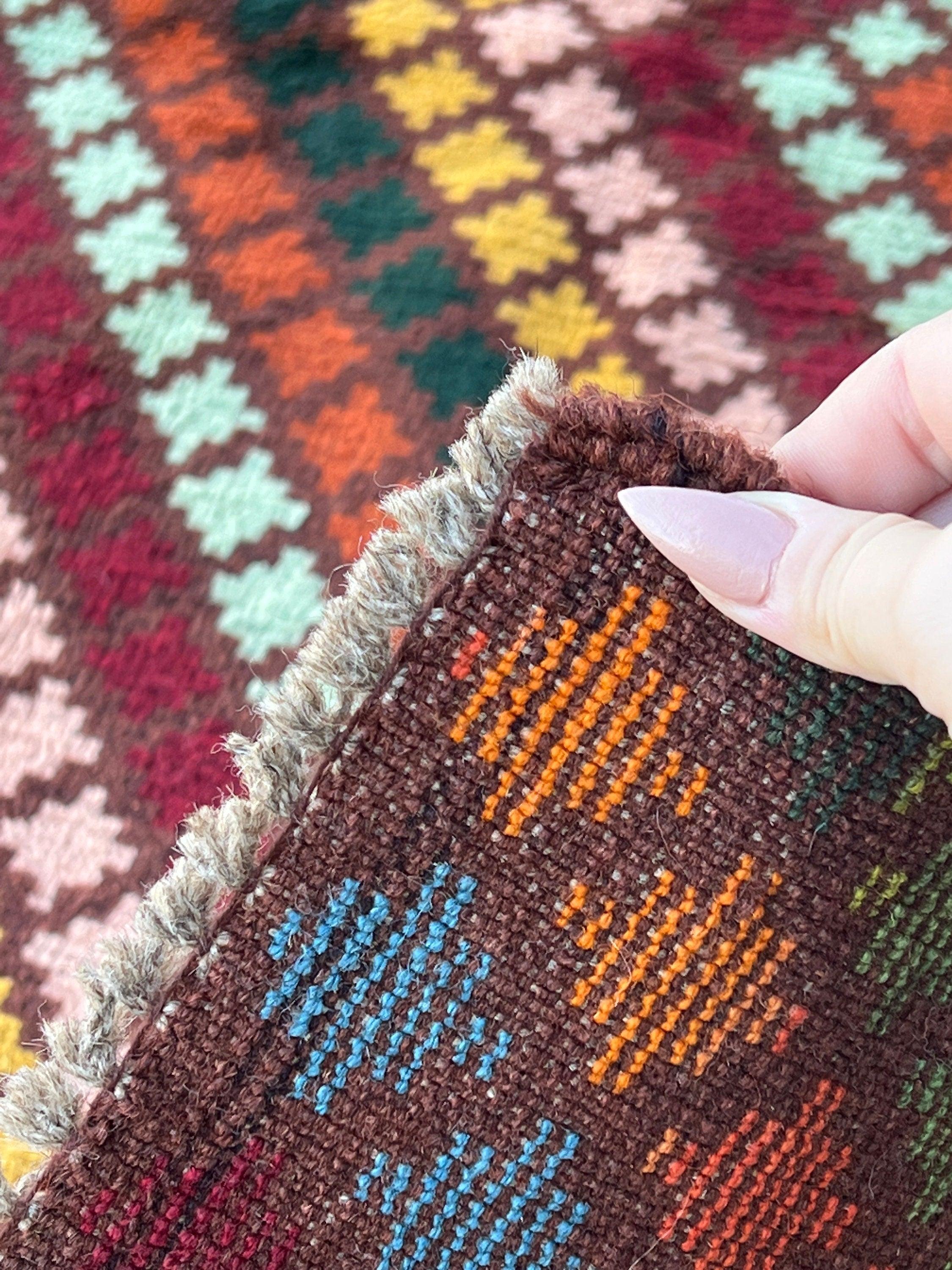 4x6 (120x185) Handmade Vintage Baluch Afghan Rug | Chocolate Brown Turquoise Mustard Yellow Pine Green Royal Blue Burnt Orange Crimson Red