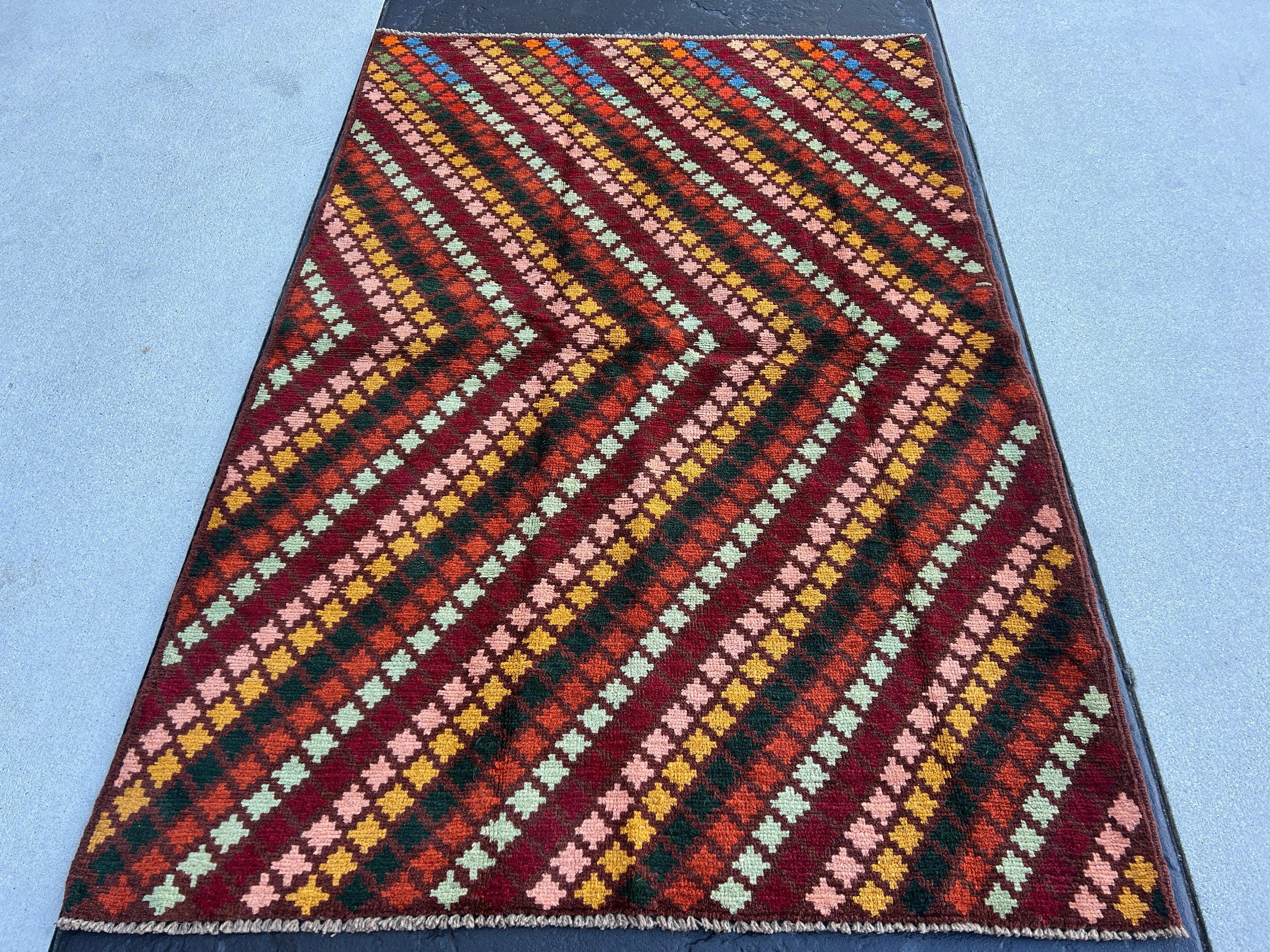 4x6 (120x185) Handmade Vintage Baluch Afghan Rug | Chocolate Brown Turquoise Mustard Yellow Pine Green Royal Blue Burnt Orange Crimson Red