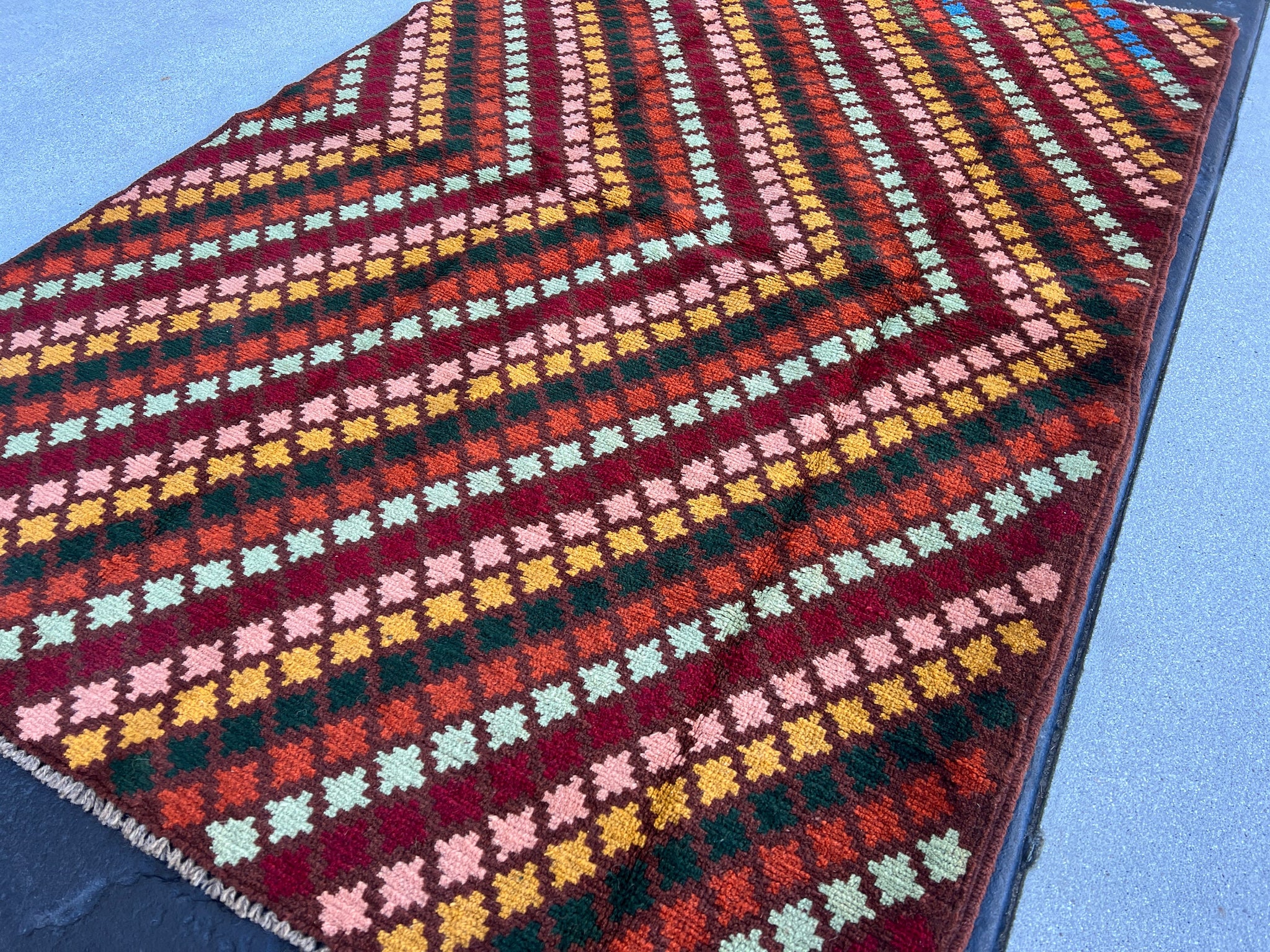 4x6 (120x185) Handmade Vintage Baluch Afghan Rug | Chocolate Brown Turquoise Mustard Yellow Pine Green Royal Blue Burnt Orange Crimson Red