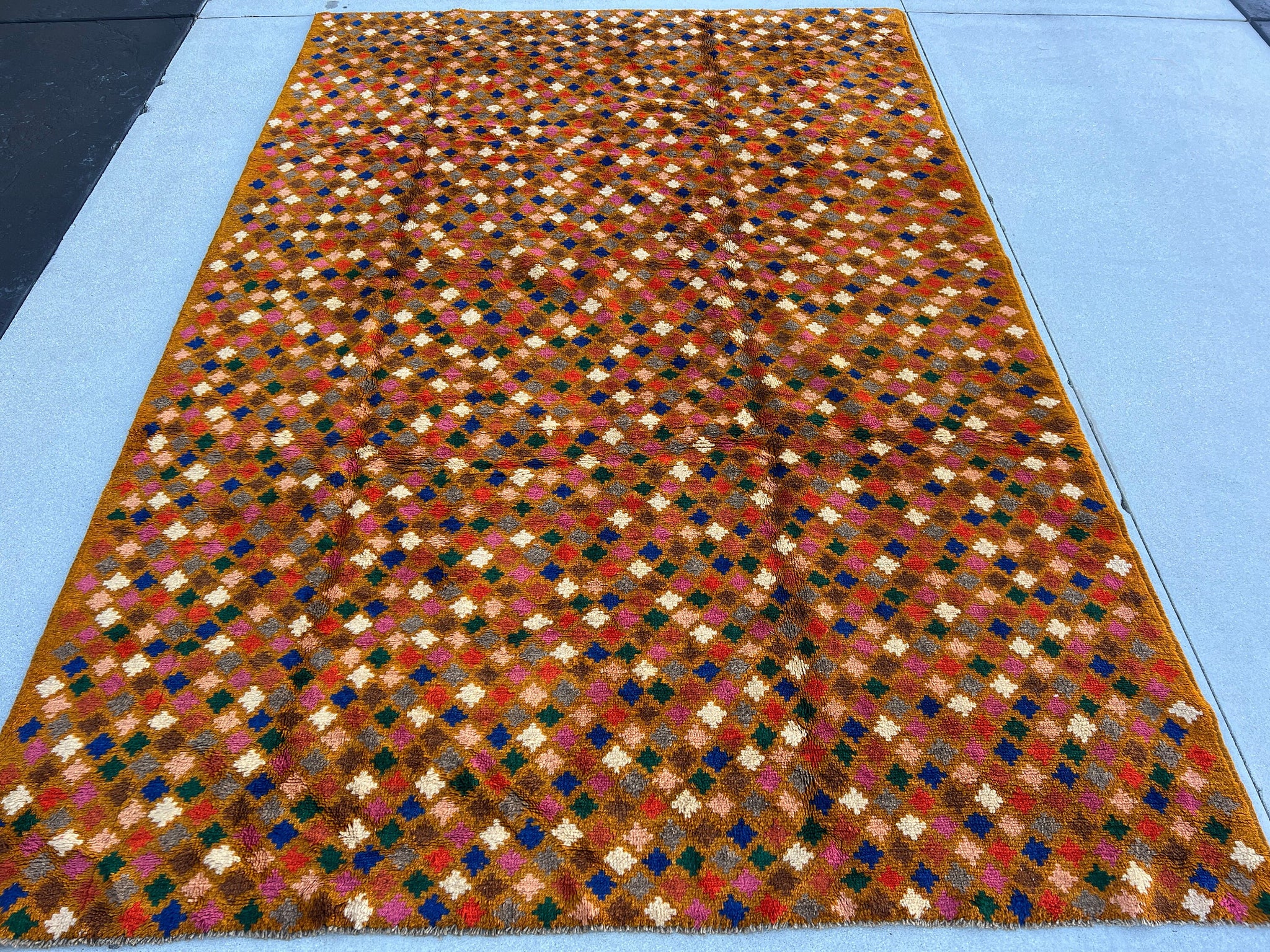 7x10 (215x305) Handmade Vintage Baluch Afghan Rug | Orange Ivory Rose Pink Chocolate Brown Blush Pink Grey Blue Burnt Orange Geometric Wool