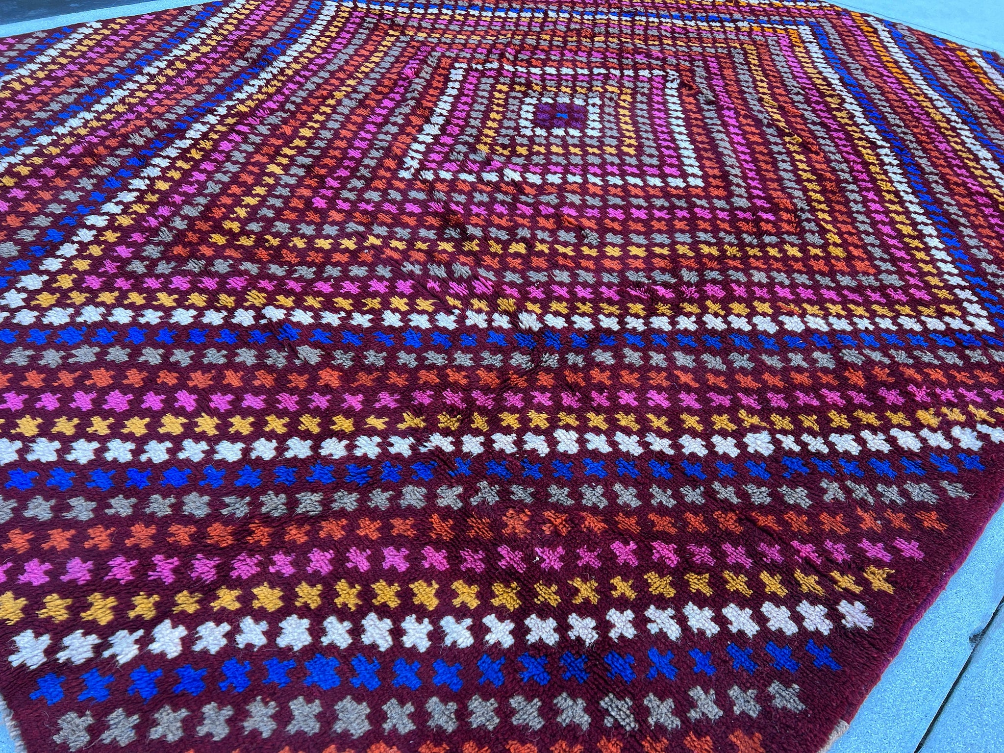 8x10 (245x305) Fair Trade Handmade Afghan Rug | Crimson Red Blue Ivory Golden Yellow Grey Blush Pink Orange | Hand Knotted Geometric Wool