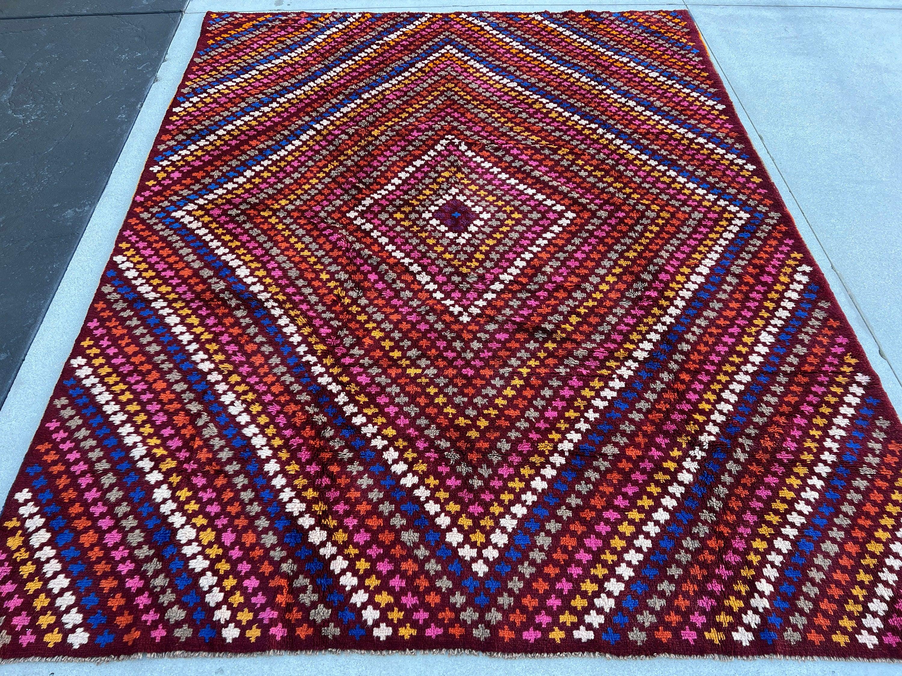 8x10 (245x305) Fair Trade Handmade Afghan Rug | Crimson Red Blue Ivory Golden Yellow Grey Blush Pink Orange | Hand Knotted Geometric Wool