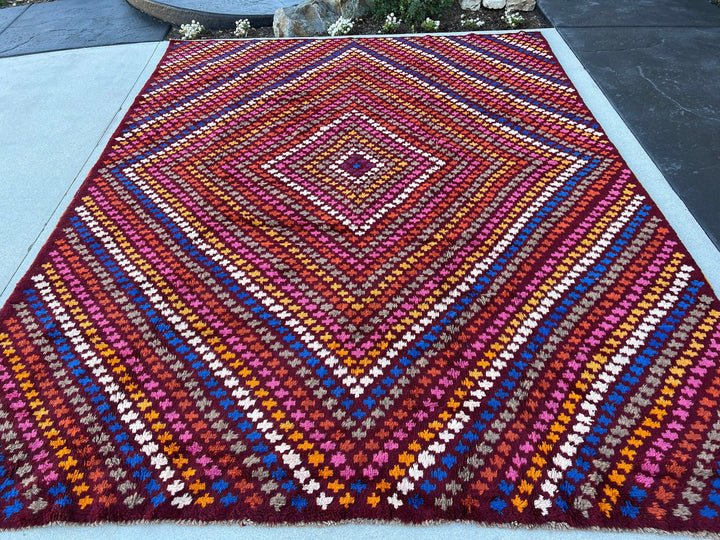 8x10 (245x305) Fair Trade Handmade Afghan Rug | Crimson Red Blue Ivory Golden Yellow Grey Blush Pink Orange | Hand Knotted Geometric Wool