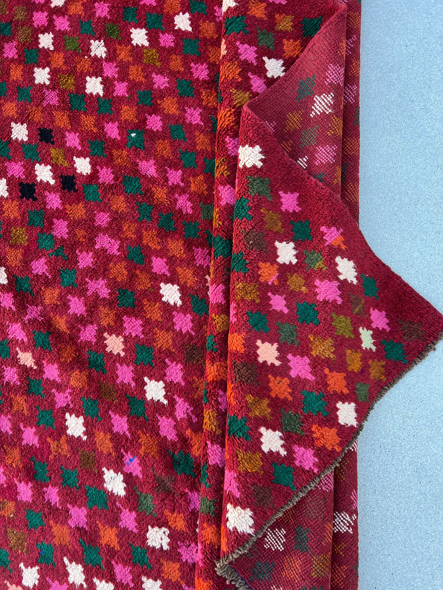 7x10 (215x305) Handmade Vintage Baluch Afghan Rug | Crimson Red Orange Pine Green Ivory Olive Green Blush Pink Chocolate Black | Geometric