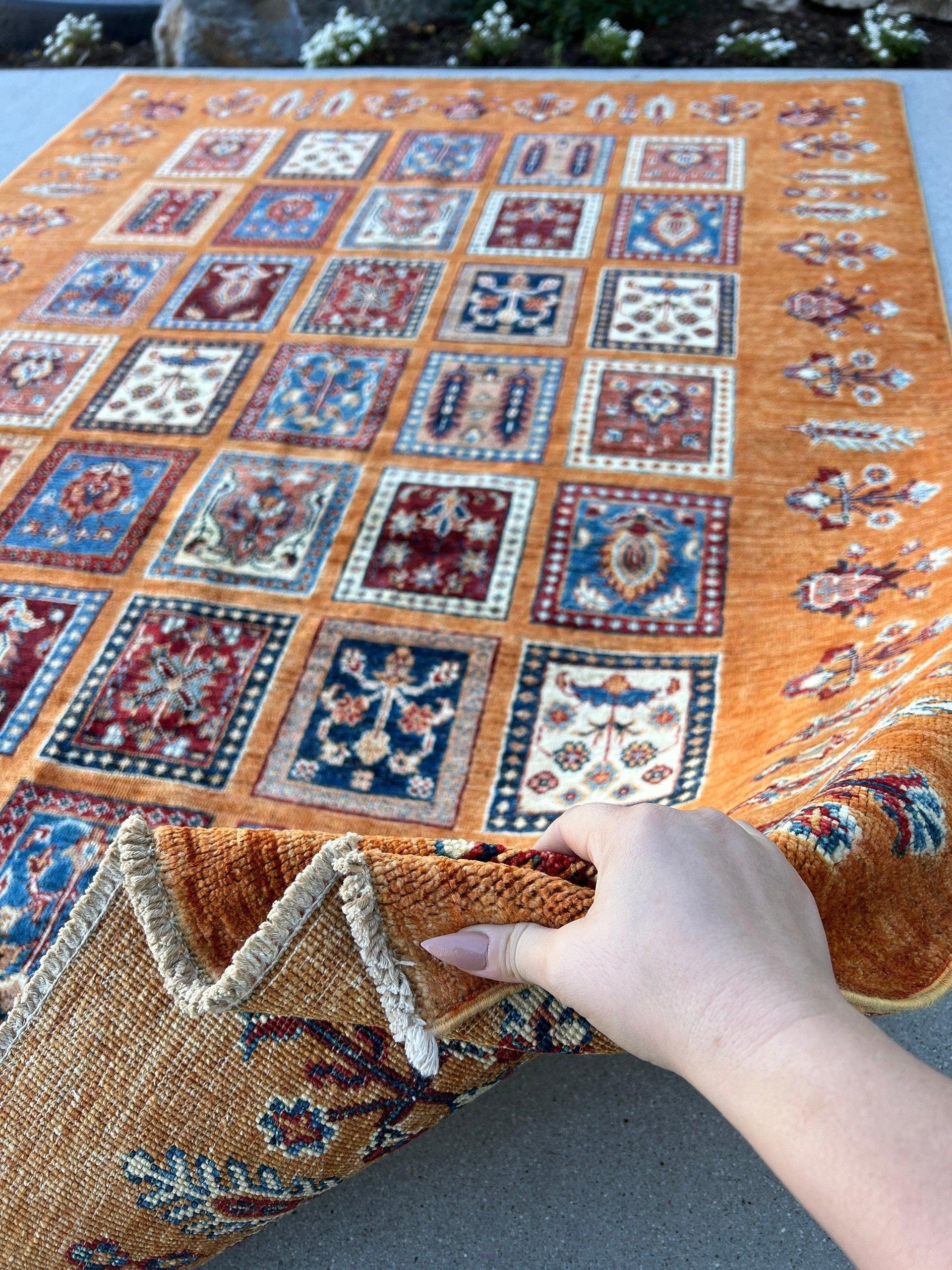 5x7 (150x215) Fair Trade Handmade Afghan Rug | Orange Denim Blue Cream Beige Crimson Red Brown Navy Blue | Floral Hand Knotted Turkish Wool