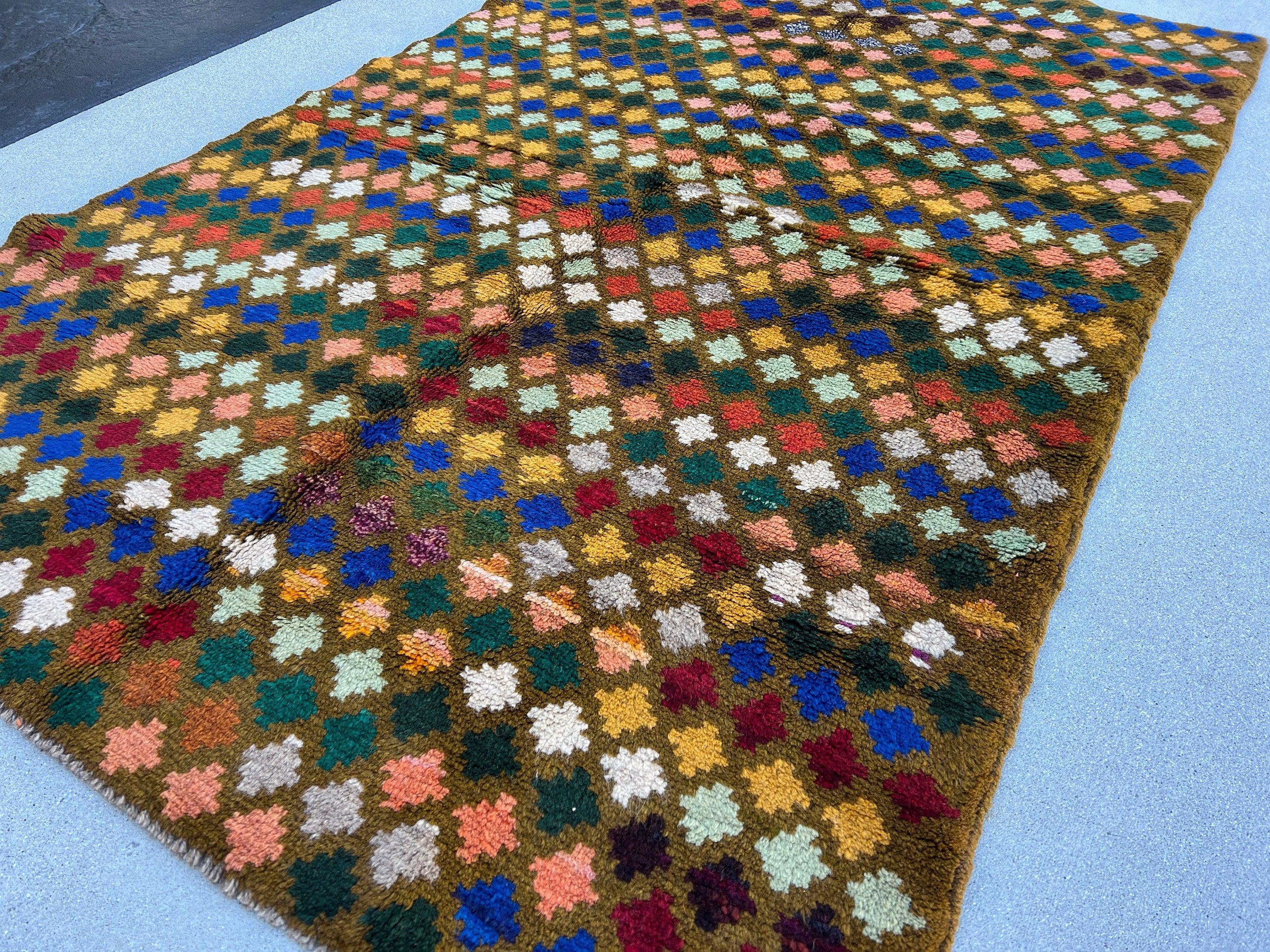 4x6 (120x185) Handmade Vintage Baluch Afghan Rug | Olive Green Blue Burnt Orange Turquoise Orange Pine Green Black Rose Pink Mustard Yellow