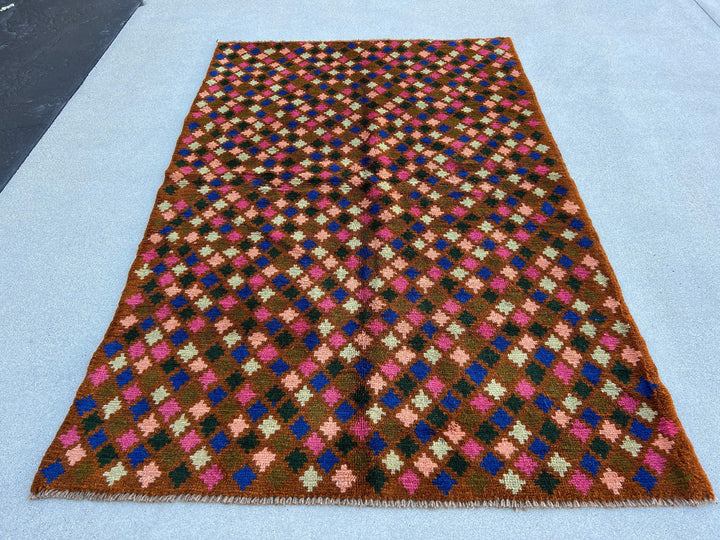 4x6 (120x185) Handmade Vintage Baluch Afghan Rug | Copper Brown Turquoise Black Chocolate Rose Blush Pink | Geometric Hand Knotted Wool