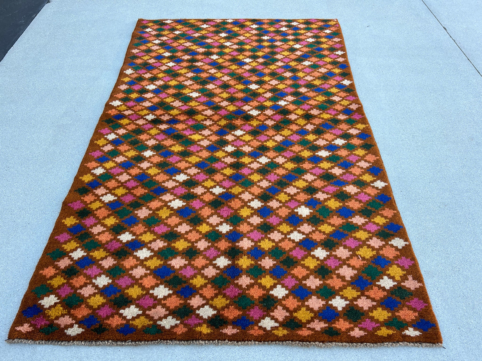 4x6 (120x185) Handmade Vintage Baluch Afghan Rug | Copper Brown Ivory Blue Pine Fern Green Rose Blush Pink | Geometric Hand Knotted Wool