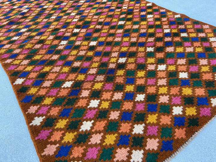 4x6 (120x185) Handmade Vintage Baluch Afghan Rug | Copper Brown Ivory Blue Pine Fern Green Rose Blush Pink | Geometric Hand Knotted Wool