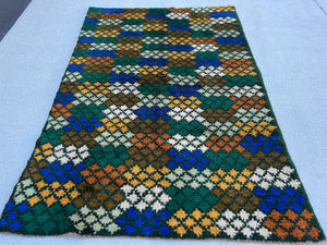 4x6 (120x185) Handmade Vintage Baluch Afghan Rug | Pine Green Blue Burnt Orange Ivory Chocolate Fern Green Golden Yellow | Geometric Wool