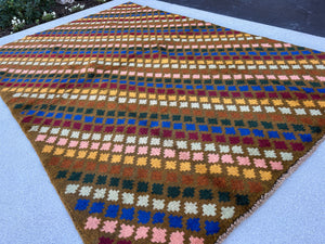 4x6 (120x185) Handmade Vintage Baluch Afghan Rug | Taupe Rose Pink Turquoise Pine Green Blue Golden Yellow Crimson Red Chocolate Brown Wool