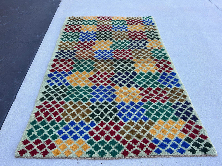 4x6 (120x185) Handmade Vintage Baluch Afghan Rug | Turquoise Crimson Red Moss Green Golden Yellow Blue Pine Green Blue Chocolate Brown Wool