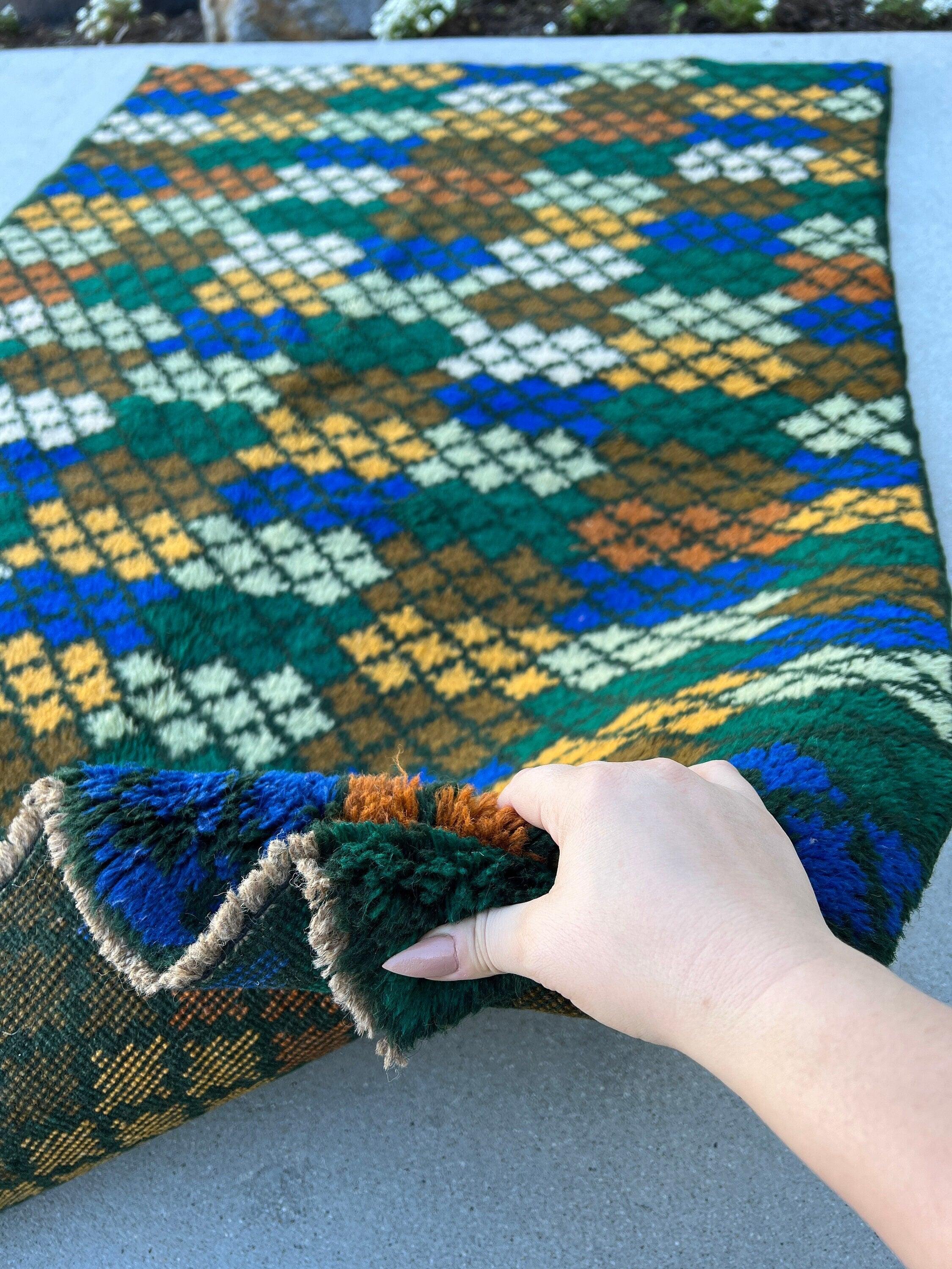 4x6 (120x185) Handmade Vintage Baluch Afghan Rug | Pine Green Blue Burnt Orange Ivory Chocolate Fern Green Golden Yellow | Geometric Wool