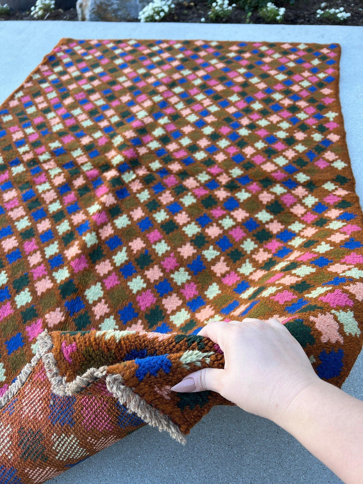 4x6 (120x185) Handmade Vintage Baluch Afghan Rug | Copper Brown Turquoise Black Chocolate Rose Blush Pink | Geometric Hand Knotted Wool