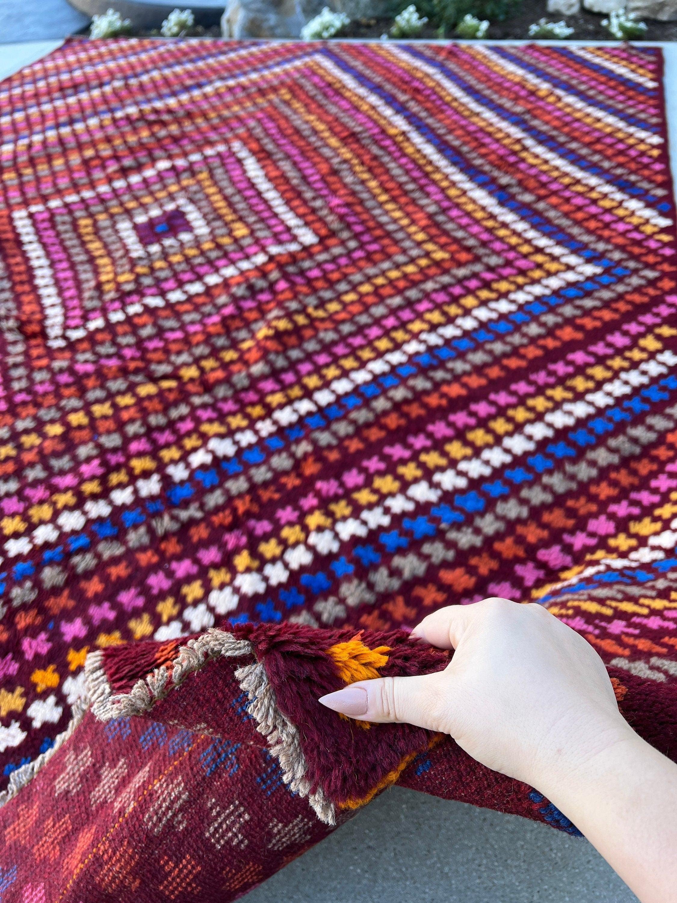 8x10 (245x305) Fair Trade Handmade Afghan Rug | Crimson Red Blue Ivory Golden Yellow Grey Blush Pink Orange | Hand Knotted Geometric Wool