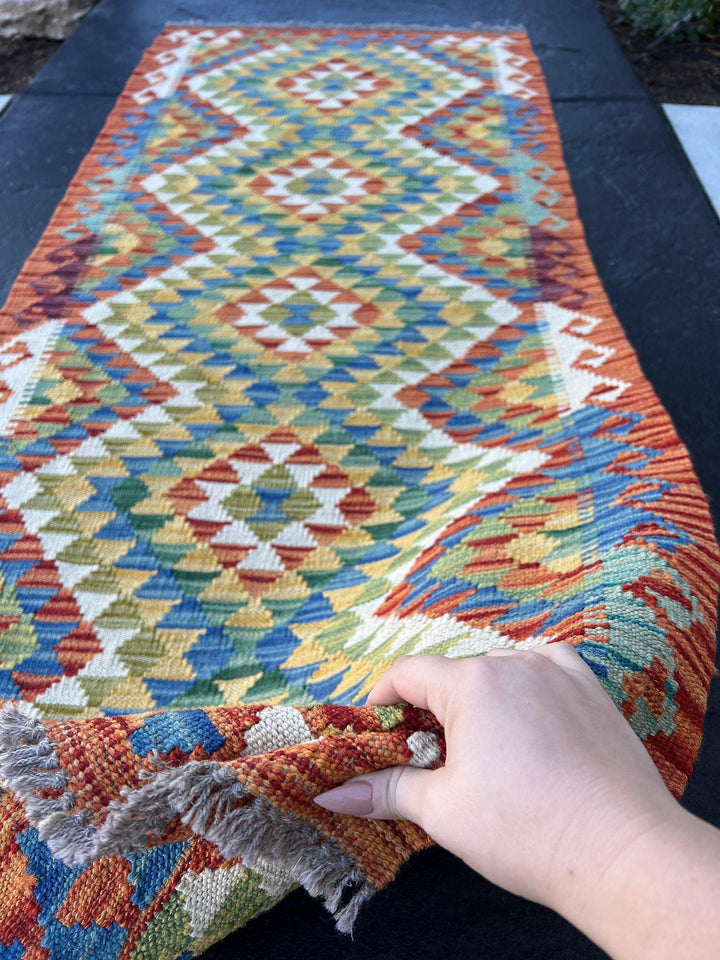 3x7 (100x200) Handmade Afghan Kilim Rug | Saffron Ivory Teal Pine Green Denim Blue Olive Green Eggplant Purple | Hand Knotted Wool