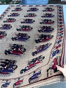 7x10 (215x305) Handmade Vintage Afghan War Rug | Grey Crimson Red Midnight Navy Blue Ivory Black | Hand Knotted Wool Tribal Collectible