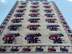 7x10 (215x305) Handmade Vintage Afghan War Rug | Grey Crimson Red Midnight Navy Blue Ivory Black | Hand Knotted Wool Tribal Collectible