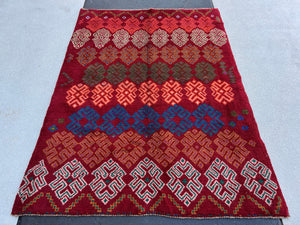 4x6 (120x185) Handmade Vintage Baluch Afghan Rug | Blood Red Fern Green Burnt Orange Rose Pink Purple Ivory Blue Pine Green | Geometric Wool