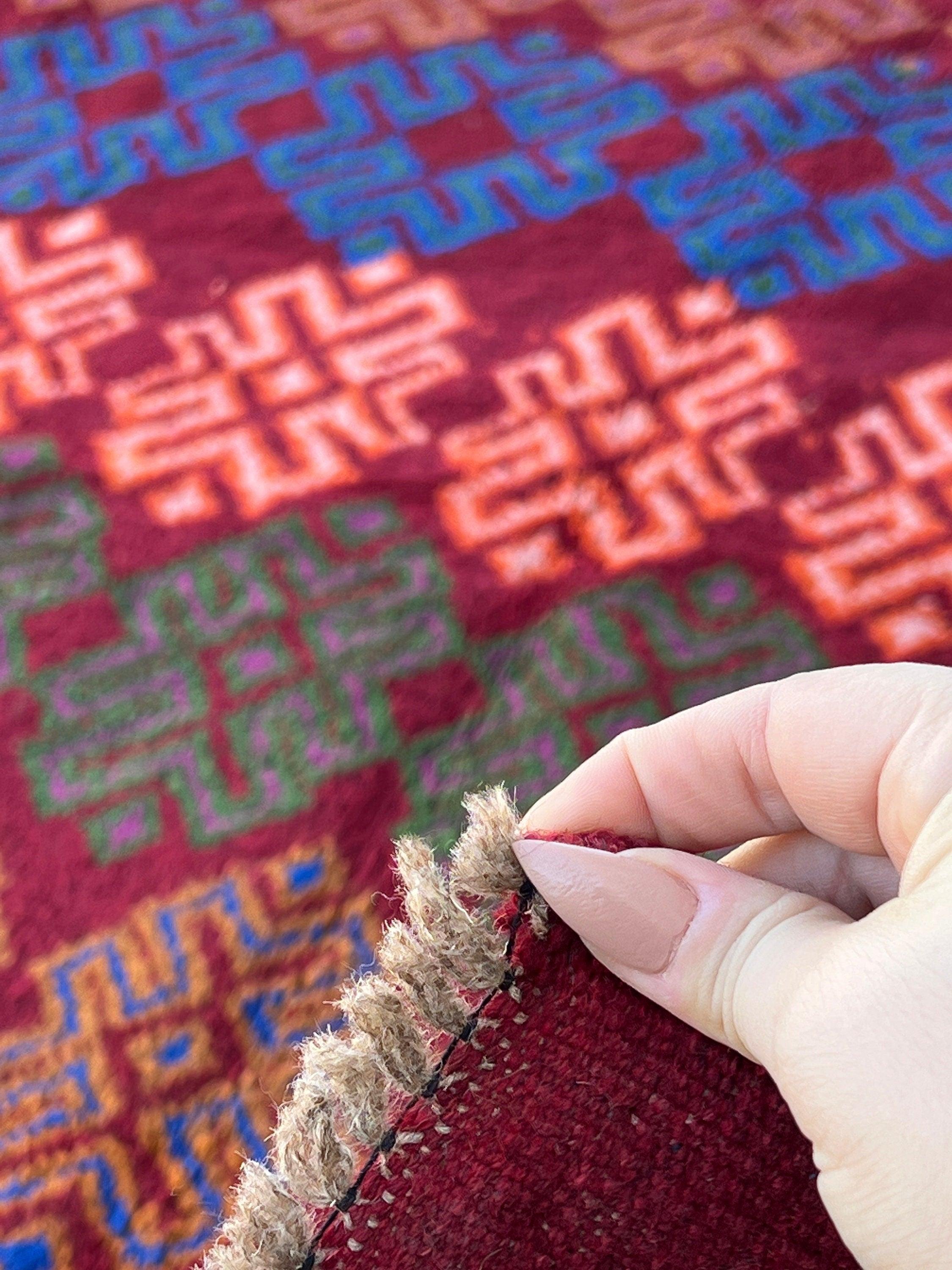 4x6 (120x185) Handmade Vintage Baluch Afghan Rug | Blood Red Fern Green Burnt Orange Rose Pink Purple Ivory Blue Pine Green | Geometric Wool