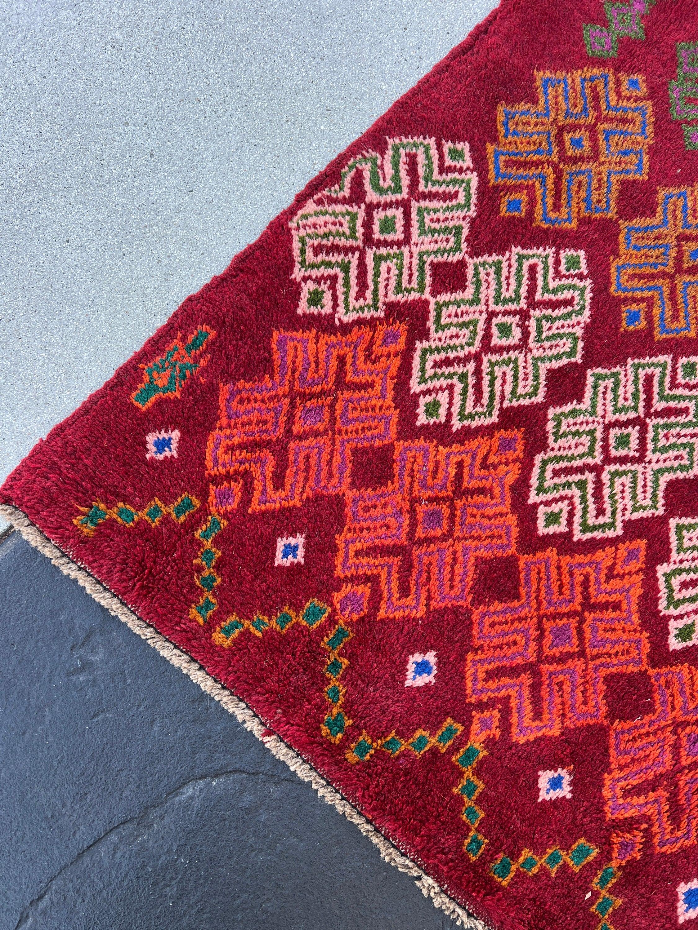 4x6 (120x185) Handmade Vintage Baluch Afghan Rug | Blood Red Fern Green Burnt Orange Rose Pink Purple Ivory Blue Pine Green | Geometric Wool