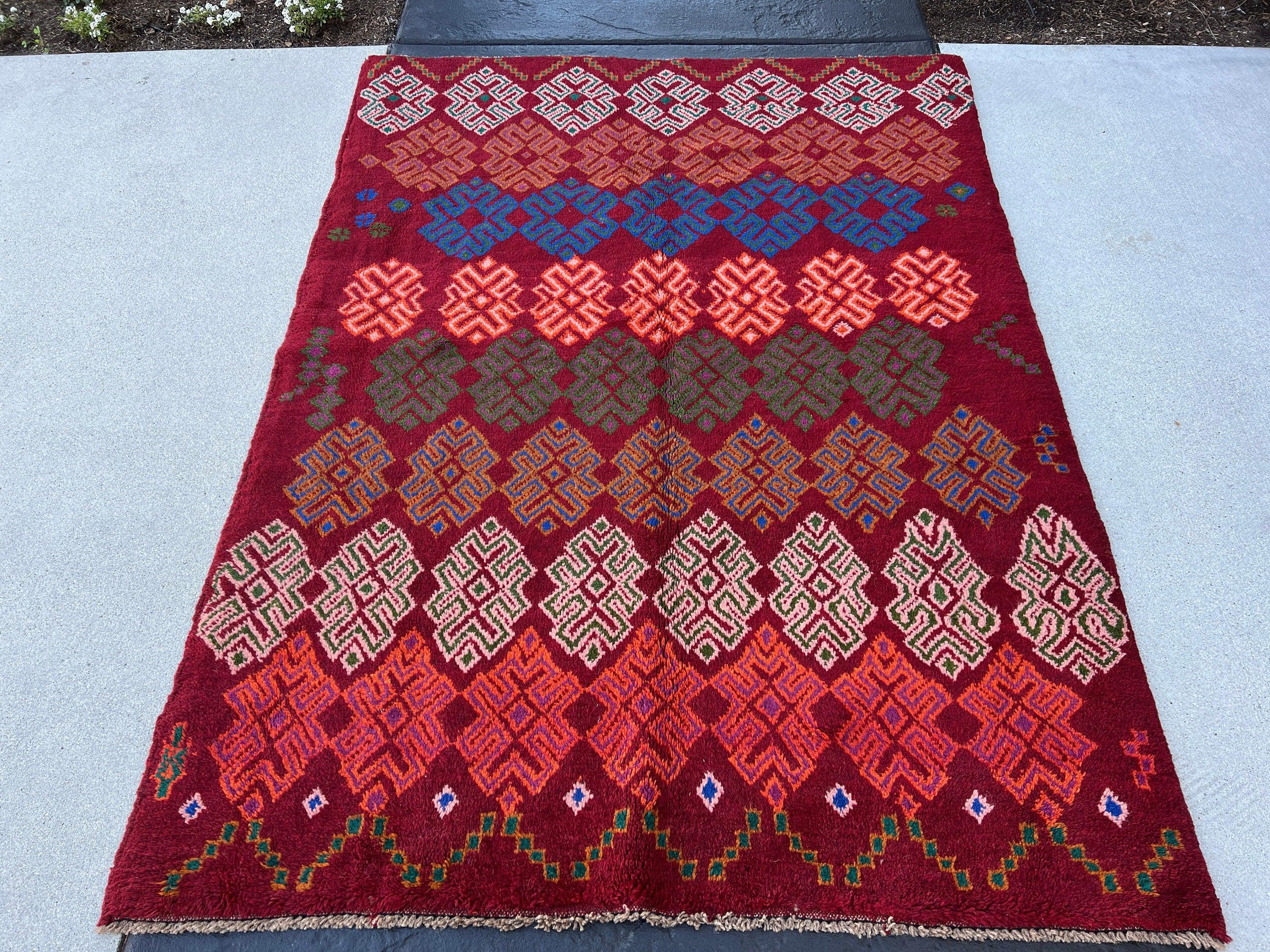 4x6 (120x185) Handmade Vintage Baluch Afghan Rug | Blood Red Fern Green Burnt Orange Rose Pink Purple Ivory Blue Pine Green | Geometric Wool