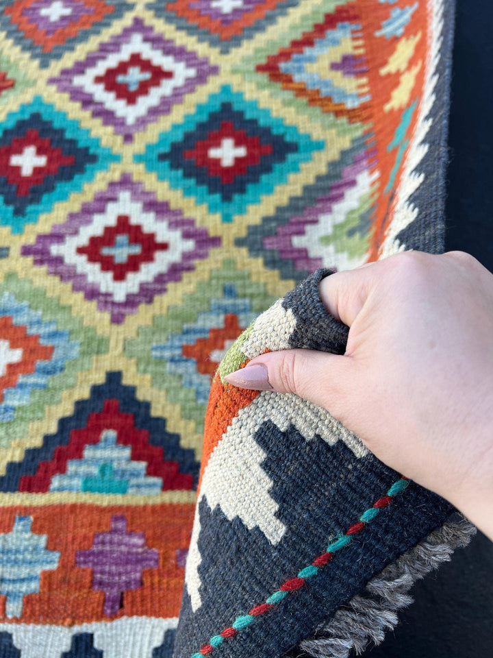 3x7 Handmade Afghan Kilim Runner Rug | Midnight Blue Burnt Orange Cornsilk Purple Ivory Turquoise Wine Red Charcoal Grey Sage Green | Wool