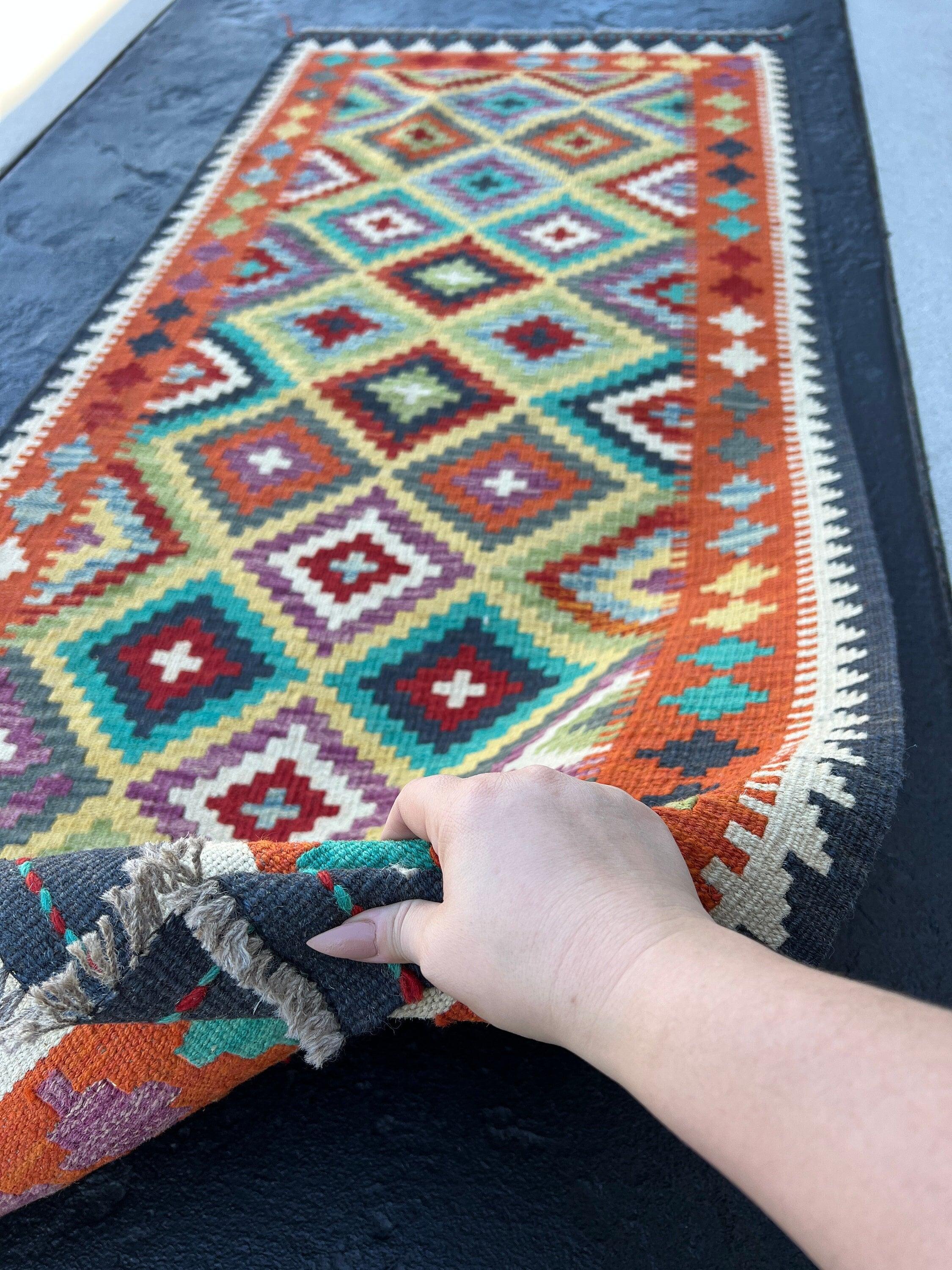 3x7 Handmade Afghan Kilim Runner Rug | Midnight Blue Burnt Orange Cornsilk Purple Ivory Turquoise Wine Red Charcoal Grey Sage Green | Wool