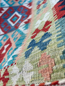 2x10~3x10 (90x335) Handmade Afghan Kilim Rug | Rose Pink Blood Red Teal Turquoise Ivory Olive Green Black | Hand Knotted Geometric Wool