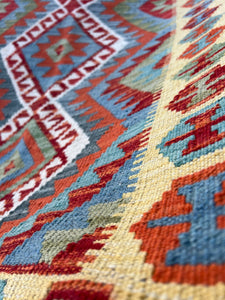 3x10 (90x335) Handmade Afghan Kilim Runner Rug | Teal Burnt Orange Ivory Blood Red Moss Green Olive Green | Hand Knotted Geometric Wool